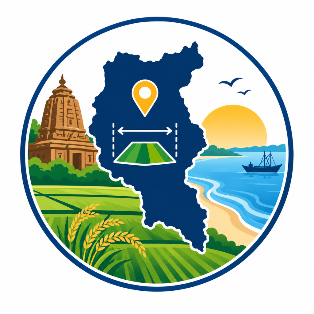 coastal district emblem with map and temple
